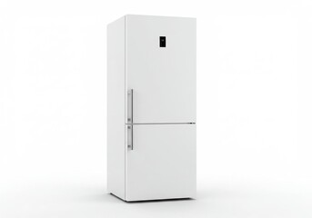 Isolated white refrigerator with two doors and metal handles on a plain white background studio shot