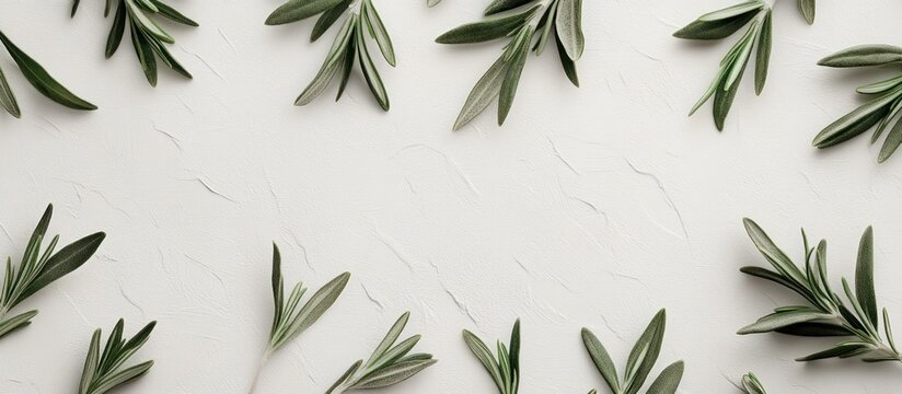 Rosemary sprigs arranged on white, textured background; food blog or recipe