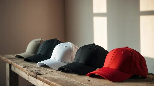 Various blank caps placed on a wooden table close to a light wall. Design mock-up.