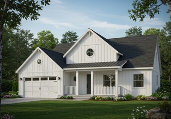 Obraz premium A white modern farmhouse with a dark roof and a green lawn on a sunny day in a wooded neighborhood
