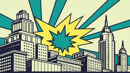 Retro Cityscape Comic Book Explosion Urban Skyline Illustration