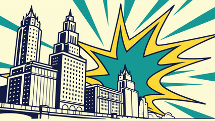 Retro Cityscape Pop Art Explosion Urban Skyline Buildings