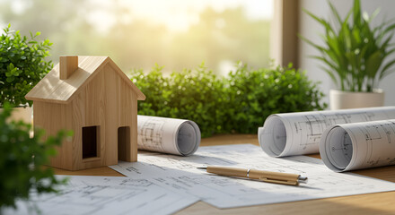 Eco-friendly architecture concept. Wooden house model with green roof on blueprints, surrounded by plants. Ideal for sustainable construction, green building, and renewable energy visuals.