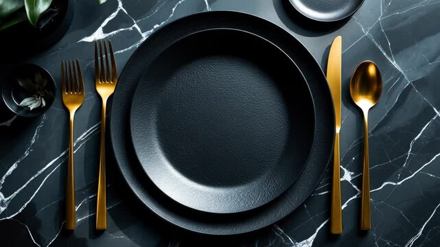 Empty black gold plate, knife and fork from above perspective banner. Black kitchen tool set on the table. Flat lay top view with space for text.