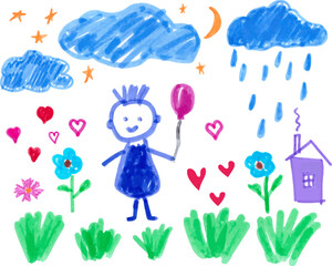 Cute children's drawings with felt-tip pen. Hand-drawn clouds, rain, man, balloon, grass, house, heart, stars, moon, flower. Summer vector illustration.