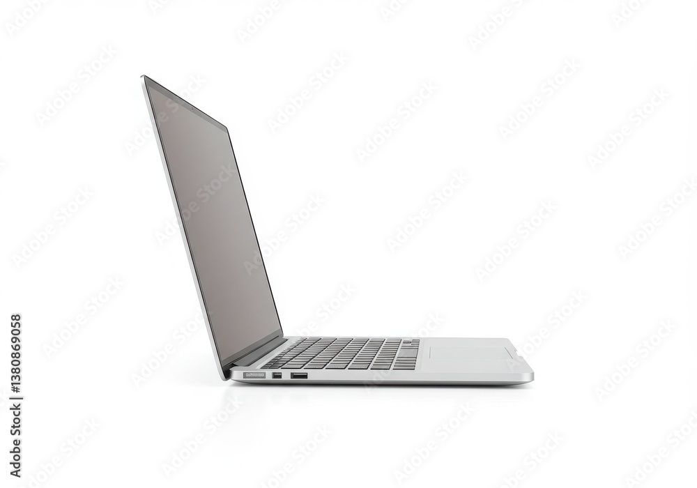 Poster side view of a silver laptop with the screen open on a white background in a studio setting