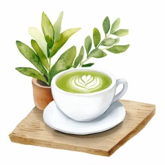 Matcha concept. Green tea latte with leaves on a wooden surface and a plant.