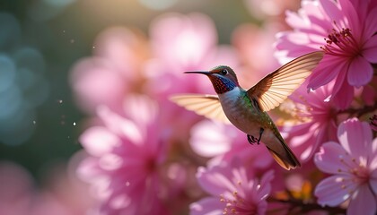 Fototapeta premium Hummingbird Flying Among Pink Blossoms in Spring Sunlight