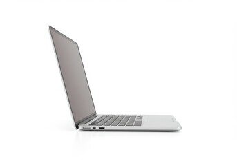 Side view of a silver laptop with the screen open on a white background in a studio setting