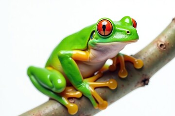 Obraz premium Green tree frog perched on white, vibrant skin, vibrant, studio shot