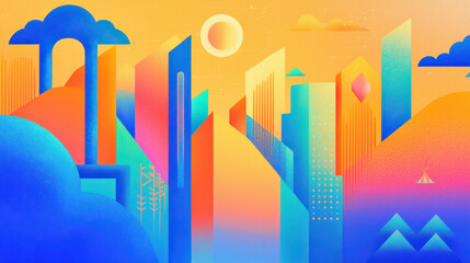 Fototapeta premium Vibrant City Gardens Illustration with Stylized Buildings, Hills, Sun, and Warm-Toned Background with Copy Space for Text
