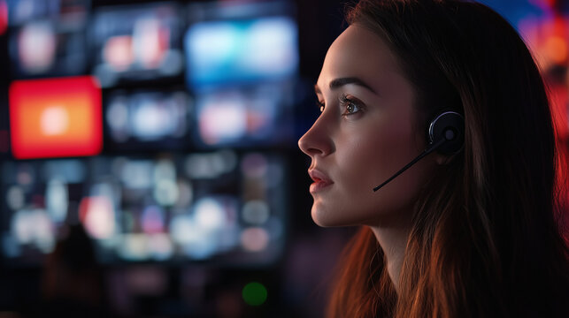 A female news anchor wearing an earpiece, listening to the control room