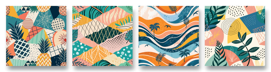 Vibrant abstract patterns featuring tropical themes and geometric designs in bright colors for creative inspiration