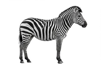 A zebra with black and white stripes standing on a white background in a side profile view image