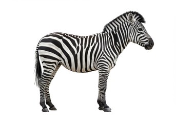 Fototapeta premium A zebra standing in profile view isolated on a white background with black and white stripes pattern