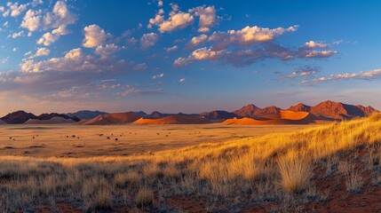Majestic namib desert landscape with dunes and grazing wildlife under cloudy sky.