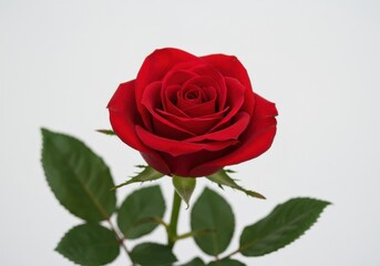 Naklejka premium A single red rose with green leaves against a plain white background in a close up studio shot