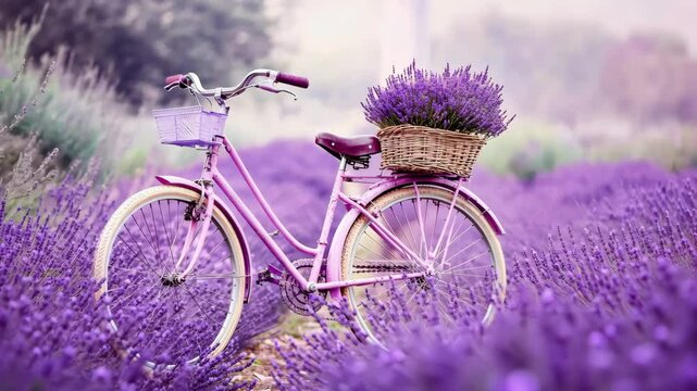 Bicycle with basket in lavender field in Provence. Selective focus. Nature.