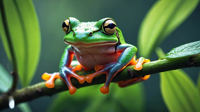 Dumpy frog resting on green leaves, dumpy frog perched on branch, tree frog situated on branch, closeup of amphibian.