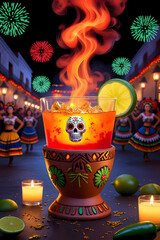 Fototapeta premium Vibrant celebration during festival with colorful cocktails and traditional dancers in lively atmosphere