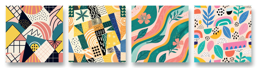 Colorful abstract patterns showcasing geometric shapes and floral designs in a vivid display of creativity