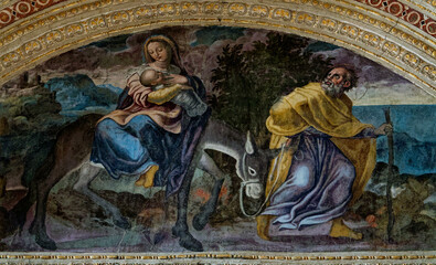 Fresco (15th century) of Holy Family: The Escape to Egypt..