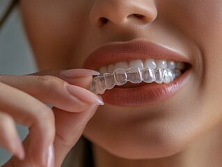Adjusting invisalign clear aligners dental office health care modern environment close-up view oral care concept