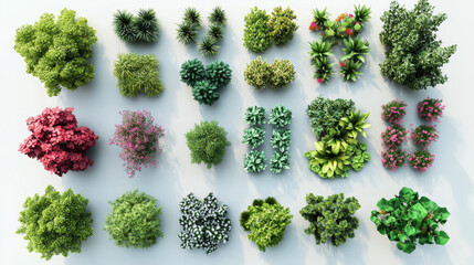 Top view. plants Easy copy paste in your landscape design projects or architecture plan. Isolated flowers on white background. Vector eps 10