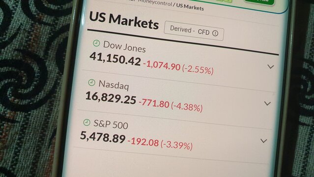 Smartphone screen displaying declines in the Dow Jones, Nasdaq, and S&P 500 indices in the US Markets, as viewed in India on April 3, 2025.