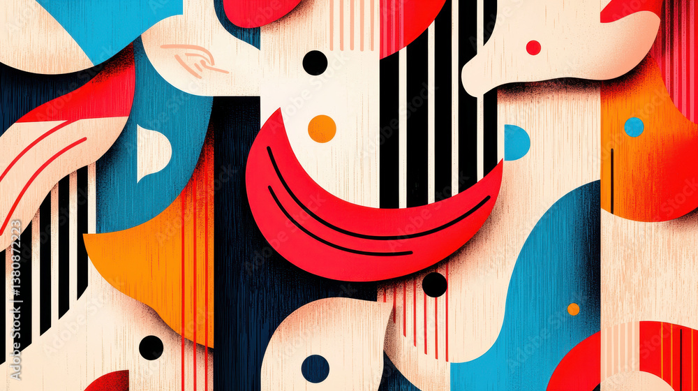 Poster whical creatures in a colorful collage of geometric shapes and bold stripes with ample copy space fo