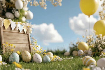 Obraz premium Painted Easter Eggs on grassy field under blue skies with balloons and blank wooden sign.
