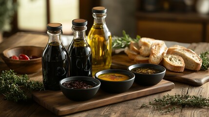 Three glass bottles of olive oil and balsamic vinegar on rustic wooden board with herbs and bread, concept for food blogging, cooking recipes, and culinary websites