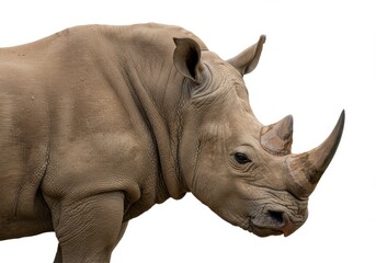 Fototapeta premium Close up of a rhinoceros with its horn visible against a plain white background in clear focus