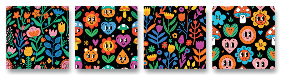 Colorful floral patterns on a dark background featuring whimsical designs and playful details in a vibrant collection