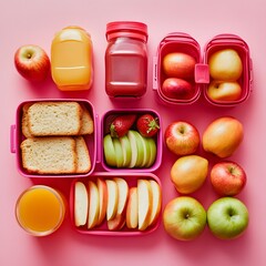 A Healthy Packed Lunch: A colorful assortment of fresh apples, sliced bread, juice and jar. An invigorating display of health-conscious options for a nutritious meal.