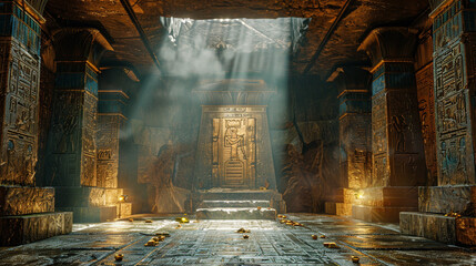 Sacred chamber of an unknown pharaoh, deep underground, where floating golden orbs illuminate intricate carvings, and an ancient artifact radiates a mysterious glow.