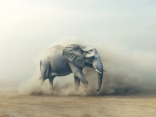 Fototapeta premium Surreal artwork of an elephant dissolving in dust nature landscape artistic environment dreamlike perspective