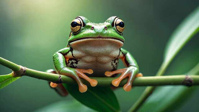 Dumpy frog on green foliage, dumpy frog perched on twig, tree frog on limb, amphibian close-up.