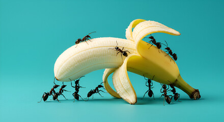 Close-up of black ants swarming a peeled banana on a vibrant turquoise background. Concept of teamwork, food scavenging, and insect behavior in nature.