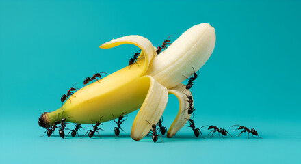 Close-up of black ants swarming a peeled banana on a vibrant turquoise background. Concept of teamwork, food scavenging, and insect behavior in nature.