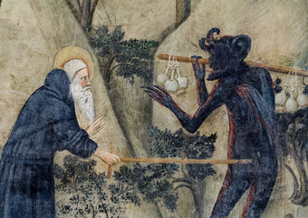 Fresco (Fresco (15th century) showing  the temptation of a monk by the devil...