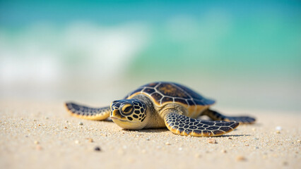 Obraz premium Green sea turtle hatchling crawls on sandy beach turquoise ocean background wildlife conservation
