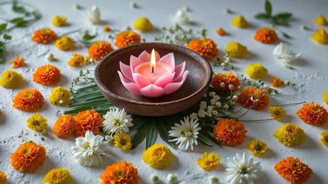 Earthen Diwali lamp arranged with numerous fresh marigold flowers on a white backdrop. Festive background for auspicious and religious celebrations.
