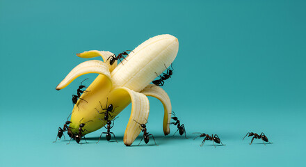 Close-up of black ants swarming a peeled banana on a vibrant turquoise background. Concept of teamwork, food scavenging, and insect behavior in nature.