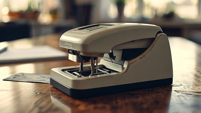 A vintage, off-white stapler sits on a wooden table with papers and light in the background.