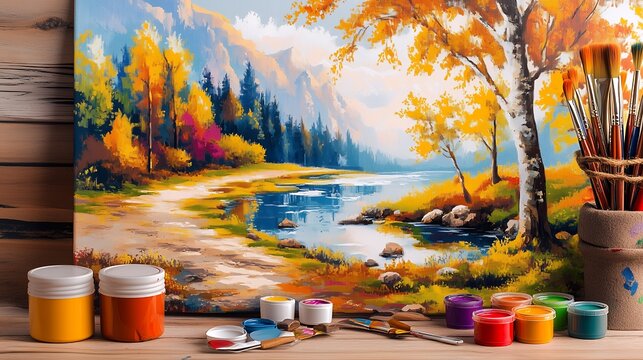 Autumn landscape painting on canvas with paint tubes and brushes, concept for art workshop, DIY painting tutorial, and fall season decor