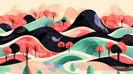 Vibrant whical landscape illustration with rolling hills, stylized trees in teal, coral, and black colors for creative projects