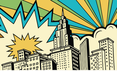 Retro Comic Cityscape Buildings, Explosion, Sunburst, Pop Art