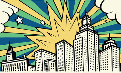 Retro Cityscape Explosion Pop Art Style Building Skyline