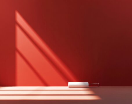 Red wall with paint roller, sunlit interior - Powered by Adobe
